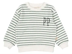 Råhvid sweatshirt i frotté med grønne striber og blåt logo broderi fra Petit Piao PP731 off white green 